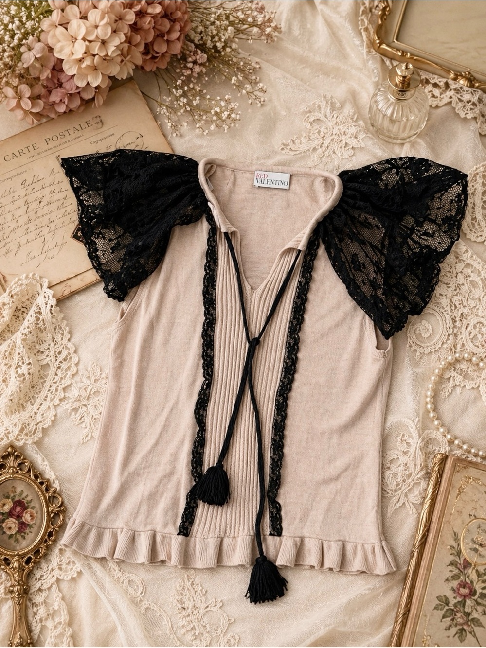 Red Valentino Knit V Neck Lace Shoulder Top With Tie